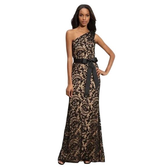 Tadashi Shoji One Shoulder Black Lace Overlay Gown Size 4